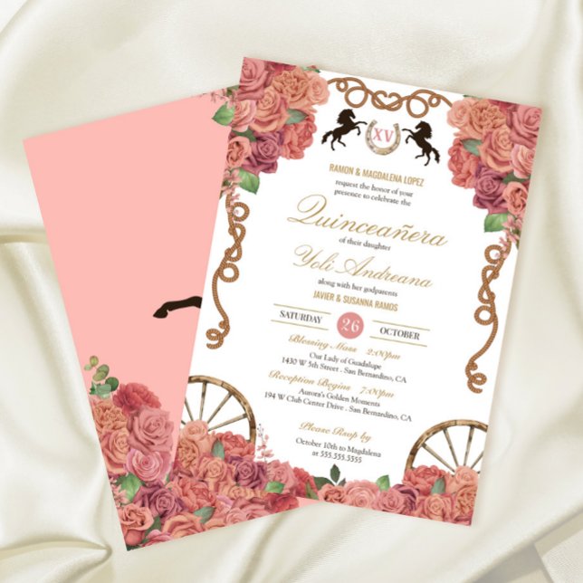 Rosegold Blush Pink Rose Charro Ranch Quinceañera Einladung (Von Creator hochgeladen)