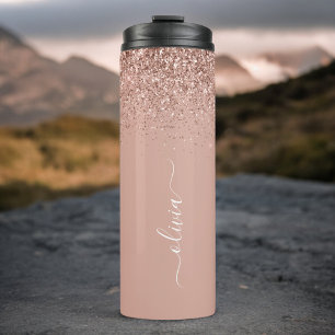 Roségold Blush Rosa Glitter Mädchen Monogramm Name Thermosbecher