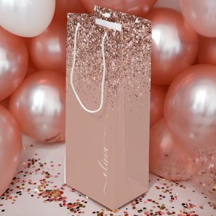Roségold Blush Rosa Glitter Schriftzug Monogramm W Geschenktüte Für Weinflaschen