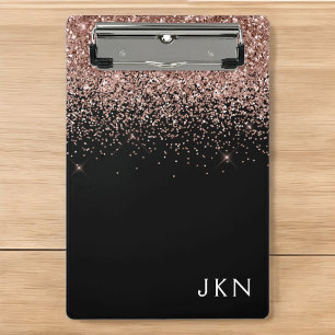 Roségold-Blush-Rosa-Schwarzer-Glitter-Monogramm-Fe Mini Klemmbrett