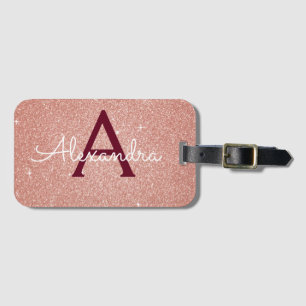 Roségold Bordeaux Glitzer Monogramm Gepäckanhänger