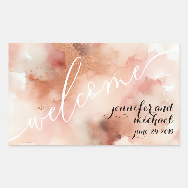 RoseGold Earthtone Watercolor Wedding Willkommen Rechteckiger Aufkleber (Vorderseite)