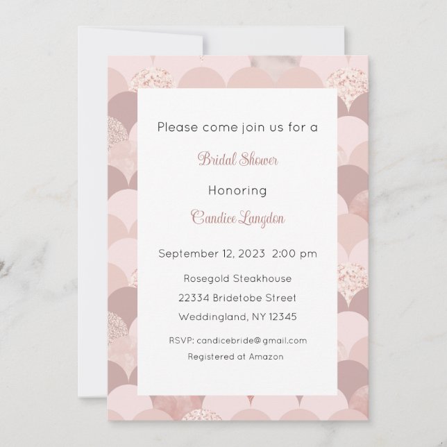 Rosegold Einladung, Rosa Gold Einladung, Bridal Ba Einladung (Vorderseite)