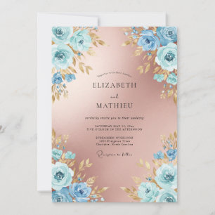 Roségold Elegante Azurblaue Botanische Hochzeit Einladung