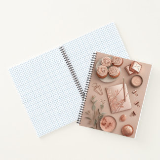 Roségold-Flat Lay mit rosafarbenen Büroaccessoires Notizbuch
