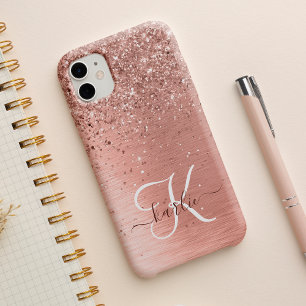 Roségold gebürstetes Metall Glitter Monogramm Name iPhone 15 Hülle