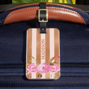 Roségold gestreifte Monogramm Name Floral Gepäckanhänger