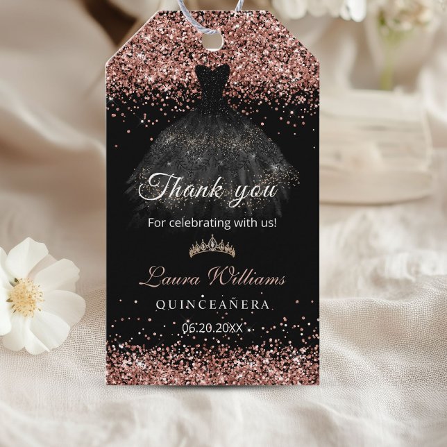 Roségold Gl Geschenkanhänger (Rose gold and black Dress Princess Quinceañera thank you gift tag)
