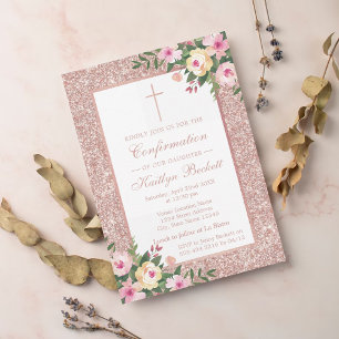 Roségold Glitter Blumen Taufkleid oder Taufe Einladung