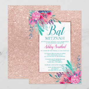 Roségold Glitter Blumen Wasserfarbe Bat Mitzvah Einladung