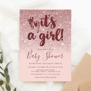 Roségold Glitter Blush Rosa Ombre It's A Girl Baby Einladung