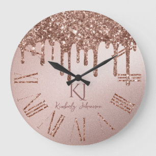 Roségold Glitter Glam & Monogramminitialen Große Wanduhr
