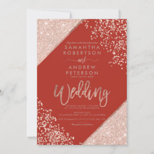 Roségold Glitter Konfetti schicke rote Hochzeit Einladung