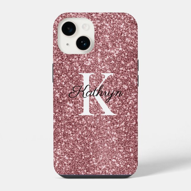Roségold Glitter Monogramm Anfangsname iPhone 14 Hülle (Rückseite)