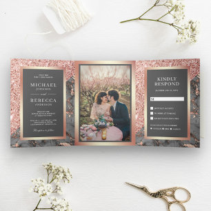 Roségold Glitter Schiefergrauer Marmor Foto Hochze Dreifach Gefaltete Einladung