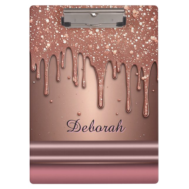 Roségold Glitter-Tropf Custom Name Monogramm Klemmbrett (Vorderseite)