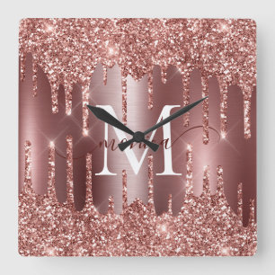 Roségold Glitter-Tropfen Monogramm personalisiert Quadratische Wanduhr