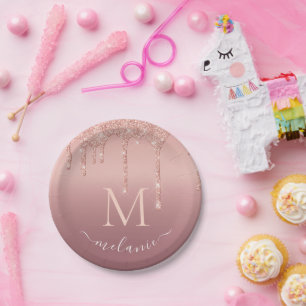 Roségold Glitterpapierservice mit individuellem Na Pappteller