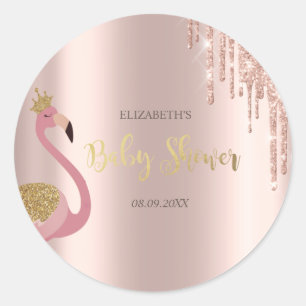 Roségold Glittertropfen Pink Flamingo Baby Shower Runder Aufkleber