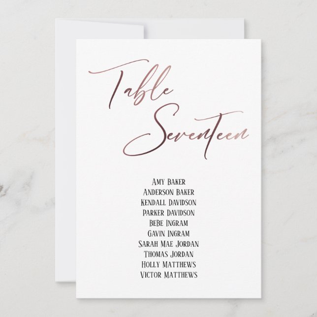 Rosegold Handwriting Table Siebzehn Sitze Chart (Vorderseite)