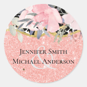 Roségold HOCHZEIT Mädchenhaft Pink Blumen Glitter  Runder Aufkleber