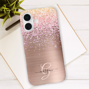 Roségold-Metall, Glitter, Schriftname & Monogramm iPhone 16 Hülle