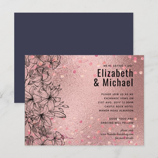 Rosegold Metallic WEDDING Glitzer Look Einladungspostkarte (Vorne/Hinten)