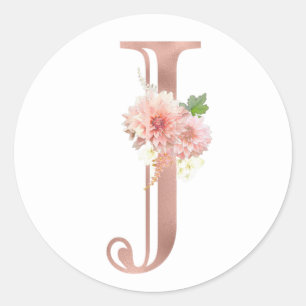 Roségold Monogramm Buchstabe J Rosa Blütenfolie Runder Aufkleber