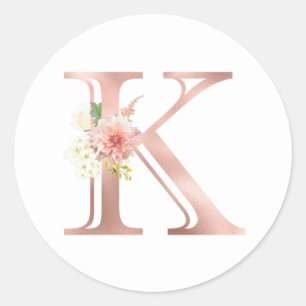 Roségold Monogramm Buchstabe K Rosa Blütenfolie Runder Aufkleber