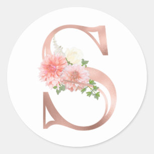 Roségold Monogramm Buchstabe S Hauchrosa Blütenfol Runder Aufkleber