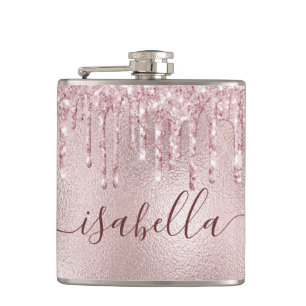 Roségold-pink-glitzer-tropfen-monogramm-schrift Flachmann
