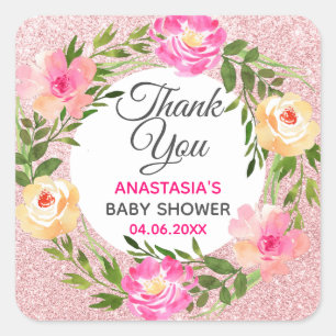 Roségold-Rosa-Blumenkranz-Danke-Baby-Party Quadratischer Aufkleber