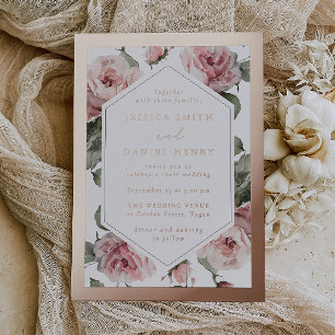 Roségold-Rosa-Blumenrahmen-Hochzeit Folieneinladung