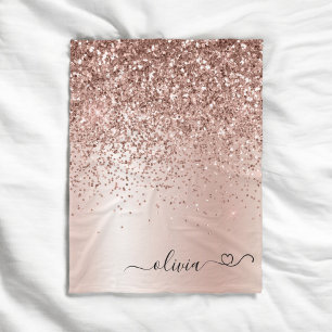 Roségold - Rosa Glitter Metall Monogramm Name Fleecedecke