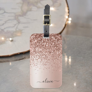 Roségold - Rosa Glitter Metall Monogramm Name Gepäckanhänger