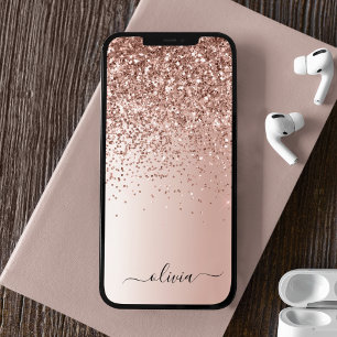 Roségold - Rosa Glitter Metall Monogramm Name iPhone Hülle