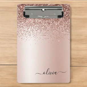 Roségold - Rosa Glitter Metall Monogramm Name Mini Klemmbrett