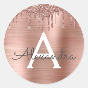Roségold - Rosa Glitter Metall Monogramm Name Runder Aufkleber