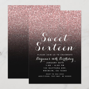 Roségold Rosa Glitter & Schwarz Sweet 16 Party Einladung