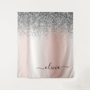 Roségold - Rosa Glitter Silber Monogramm Wandteppich