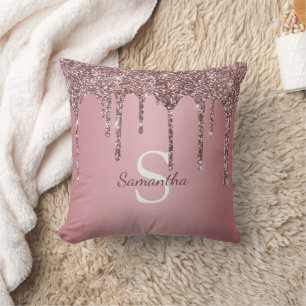 Roségold Rosa Glittertropfen Glanz Monogramm Name Kissen