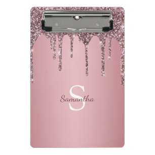 Roségold Rosa Glittertropfen Glanz Monogramm Name Mini Klemmbrett