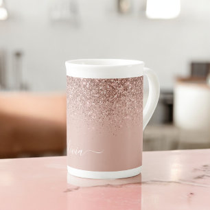 Roségold-Rosa-Glitzer-Mädchen-Monogramm-Name Prozellantasse