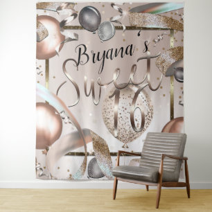 Roségold rosa glitzernde Ballons Sweet 16 Hintergr Wandteppich