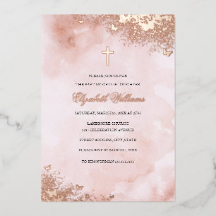Roségold-Rosa-Schmetterlings-Taufkleid für Mädchen Folieneinladung