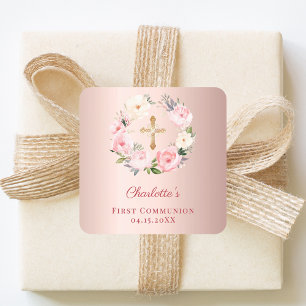 Roségold-rosafarbene Blumenkrone Erste Kommunion Quadratischer Aufkleber