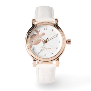 Roségold-Schildkröte Weißer Marmor Monogramm Armbanduhr