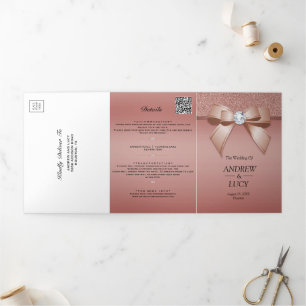 Roségold Schmuck Juwel Bogen QR Code Hochzeit Dreifach Gefaltete Einladung