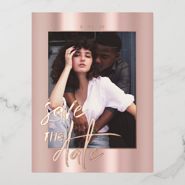 Rosegold Script Photo Wedding Save the Date Folien Feiertagspostkarte (Vorderseite)