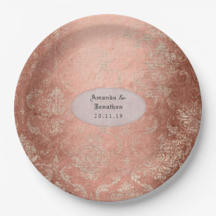 Roségold Shabby-Chic Damast-Hochzeit Pappteller